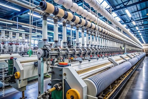 Automated textile machinery operates in a large industrial factory setting