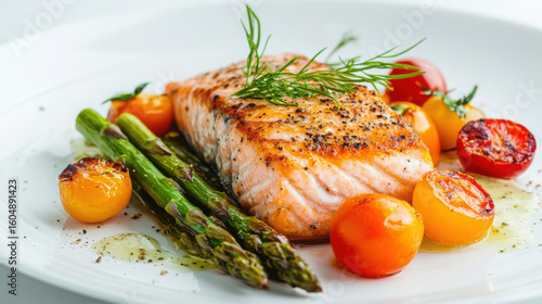 Grilled salmon fillet with asparagus and cherry tomatoes on a white plate close up view