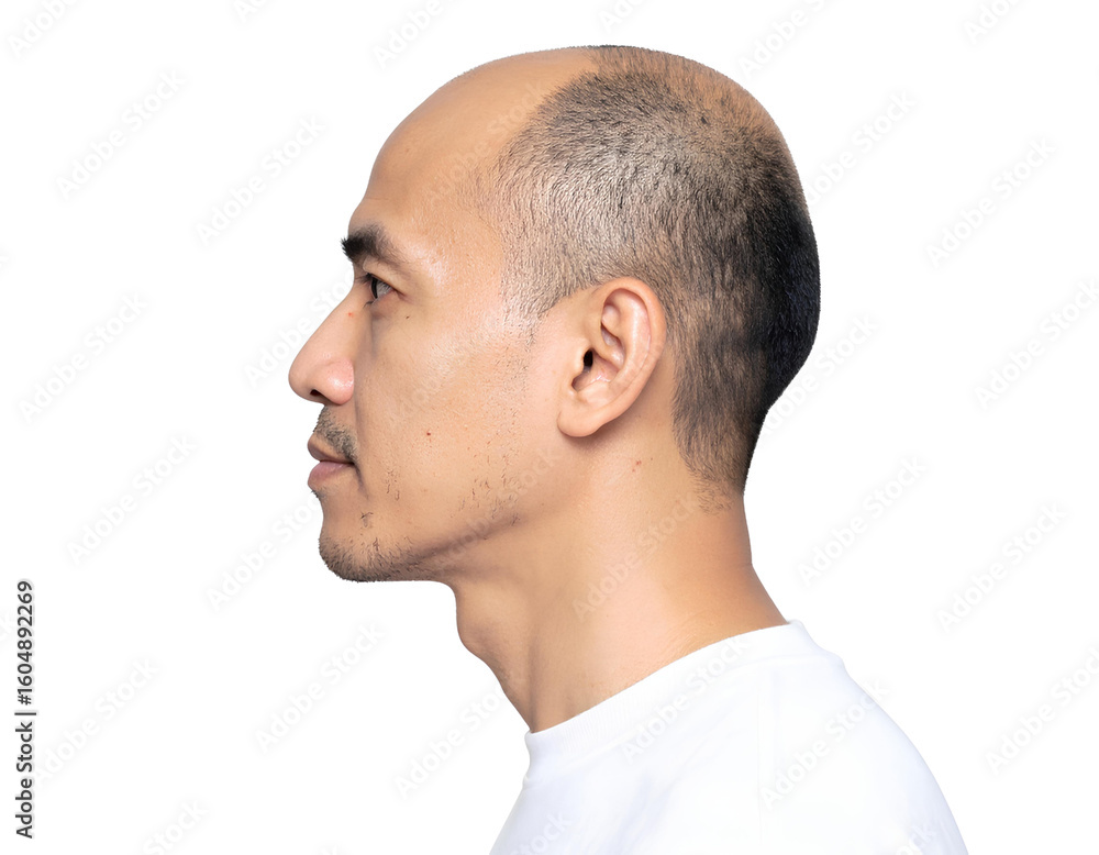 Fototapeta premium Portrait of a bald man head side view, isolated on transparent background.