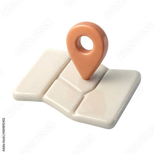 3D Clay Style Map with Location Pin on transparent background