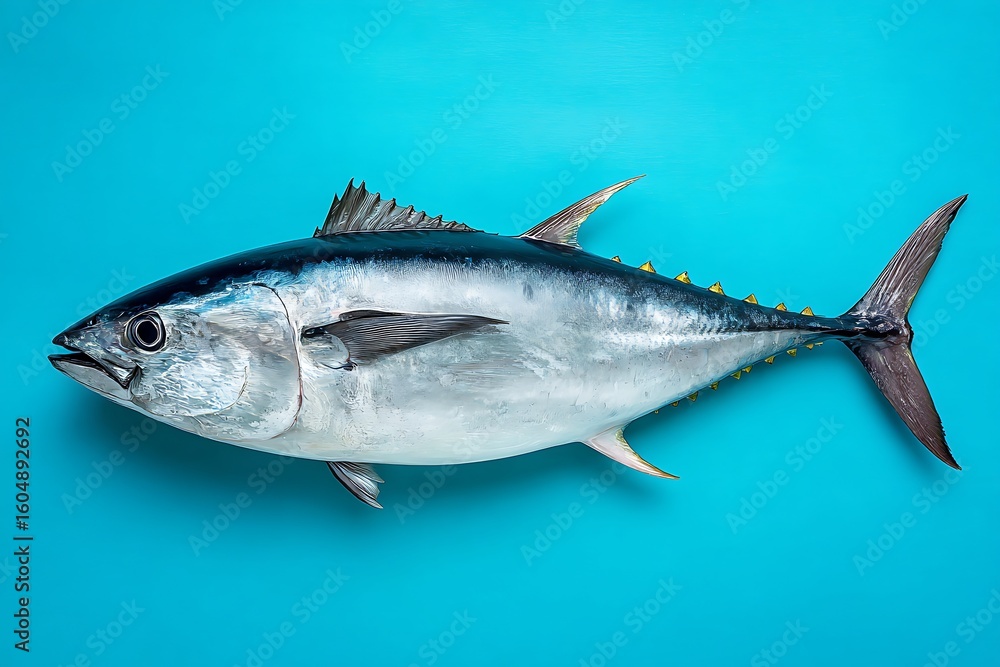 Obraz premium Isolated Yellowfin Tuna Fish against a Bright Aqua Background, Overhead View