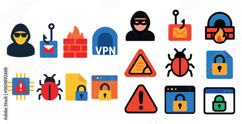 Collection of icons for computer security and privacy. The icons include a key, a lock, a fire, a bug, a person with sunglasses, and a person with a gun. The icons are arranged in a grid