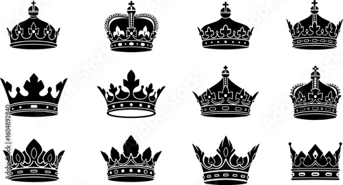 Vector art of set of twelve black and white regal crowns