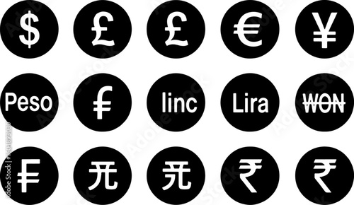 Vector art of global currency symbols in black circles