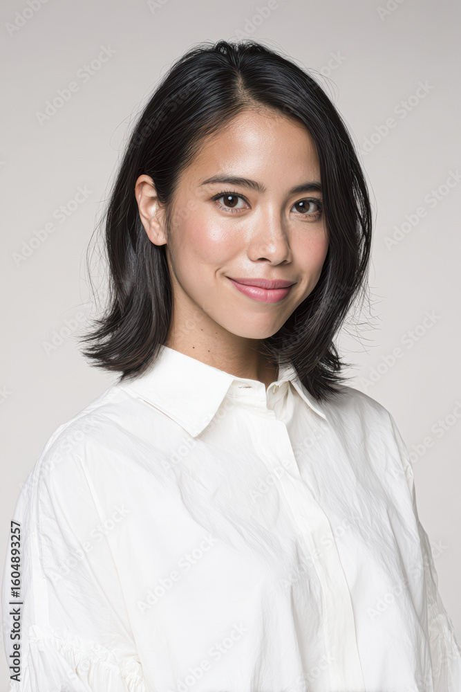 A confident young woman with medium-length black hair and a white shirt smiles softly against a neutral background. A confident young woman with medium-length black hair and a white shirt smiles softly against a neutral background.