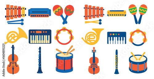 Collection of musical instruments including a tambourine, maracas, and a trombone