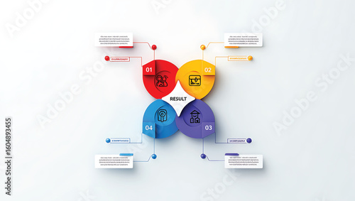 Four colored segments with icons and text boxes forming a circular flow infographic
