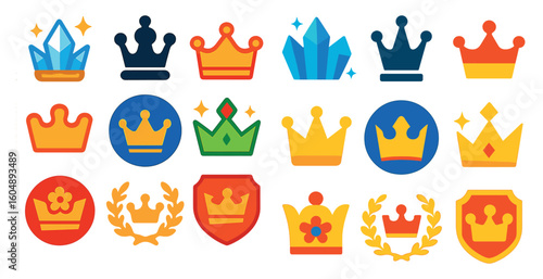 Collection of crowns and other royal symbols. The crowns are of various sizes and colors, and some of them have leaves on them. Scene is one of royalty and prestige