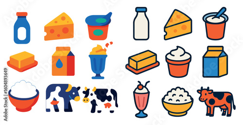 Variety of food items, including dairy products such as milk, cheese, and yogurt, as well as other items like cereal, ice cream, and cake. Scene is cheerful and inviting
