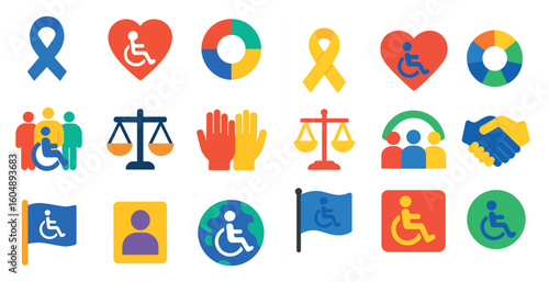 Collection of icons for various causes, including disability awareness, human rights, and environmental protection. The icons include a blue ribbon for cancer awareness