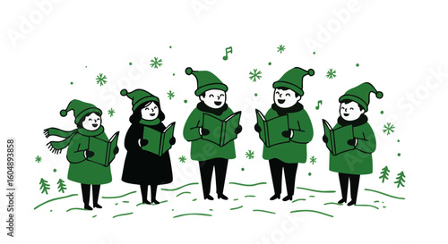 A choir singing carols in winter. 
