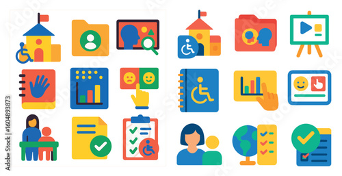 Set of icons for a school. The icons include a book, a person with a hand on a clipboard, a person with a smiley face, a person with a frowning face, a person with a wheelchair