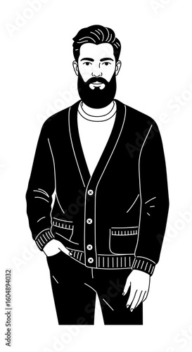 Bearded man in a cozy cardigan on white background