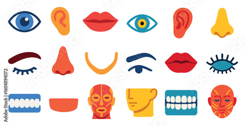 Collection of cartoon faces and body parts, including eyes, noses, lips, and teeth. The faces and body parts are arranged in a grid, with some overlapping and others standing alone