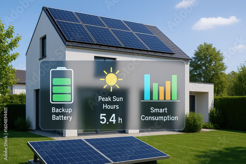 Solar panel system on modern house roof with backup battery, peak sun hours, and smart consumption icons overlay, representing sustainable energy and efficient power use
