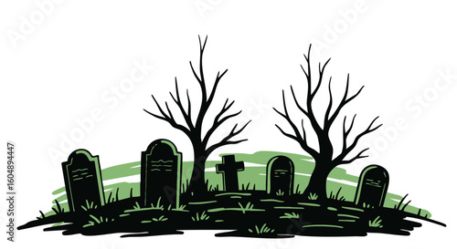 A spooky graveyard scene with headstones and bare trees.