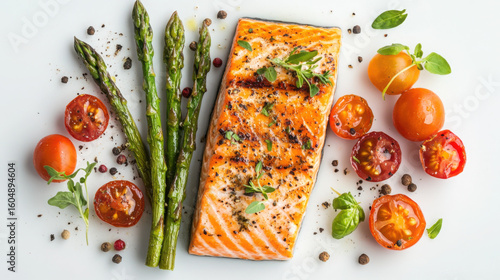 Grilled salmon fillet with asparagus and cherry tomatoes on a white background top view