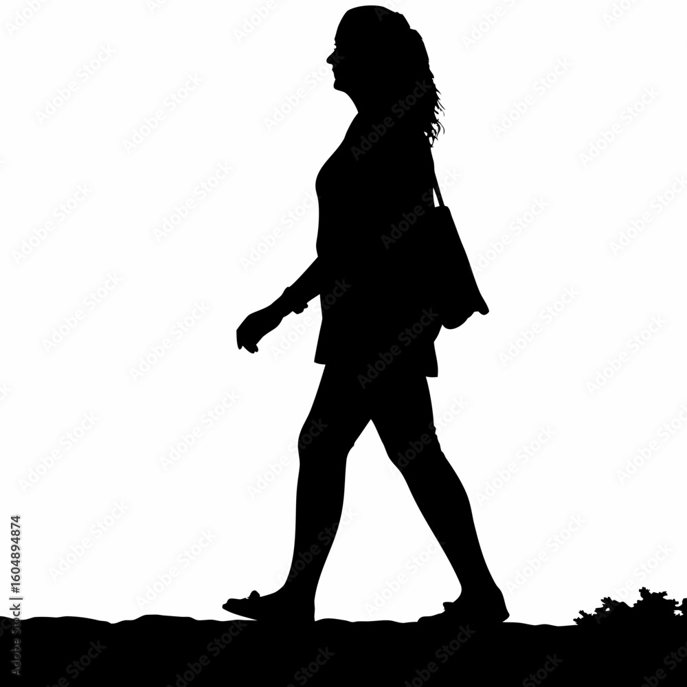 Fototapeta premium Woman walking calmly, full-body black silhouette