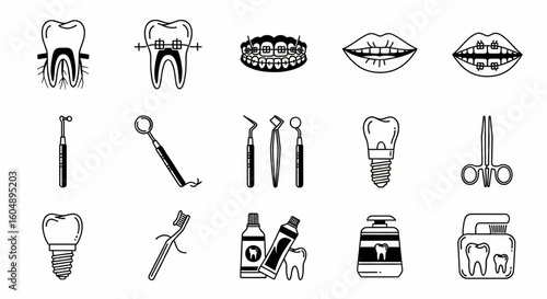 Dental Care and Oral Hygiene Line Icon Set – Tooth Anatomy, Braces, Dental Tools, Implants, Hygiene Products Vector Illustration


