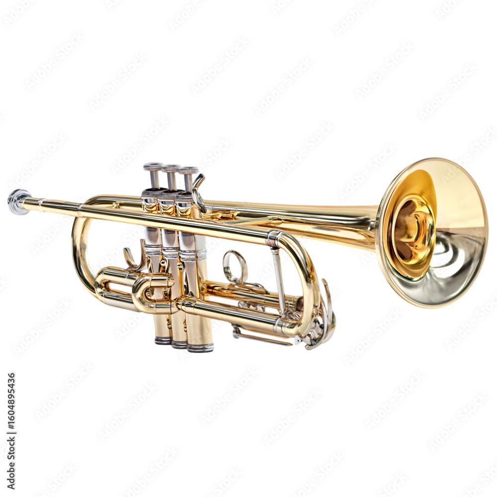 Obraz premium A gleaming golden trumpet with silver accents and valves showcasing its intricate design and polished finish isolated on transparent background