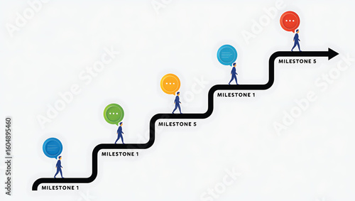 Five figures walking on a black arrow path with colorful speech bubbles progress