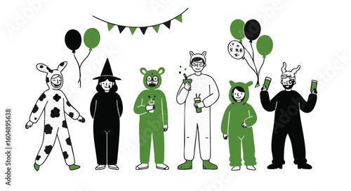 People in costume celebrate with drinks and balloons. 