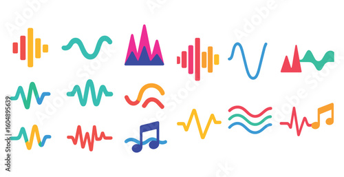 Collection of colorful wave shapes with a music note in the middle. The shapes are arranged in a row, with some overlapping each other. Scene is energetic and lively