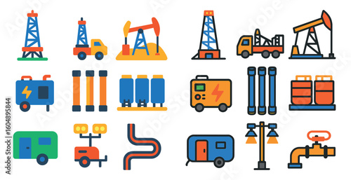 Collection of industrial icons, including a truck, a trailer, and a pump. The icons are drawn in a stylized, cartoonish way, and the overall mood of the image is one of industry and hard work