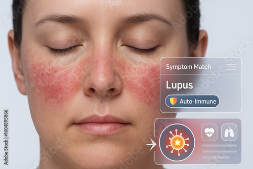 Red rash on face, autoimmune disease symptom, lupus diagnosis, woman with closed eyes, facial skin condition, health concept