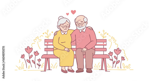 An elderly couple sitting intimately on a park bench, illustrating love.