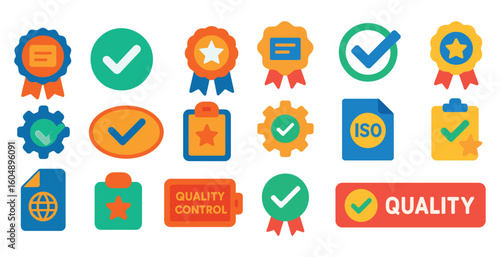 Collection of symbols and icons that represent quality control and ISO standards. The symbols include stars, checkmarks, and a checkbox. Scene is professional and focused on quality assurance