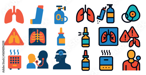 Set of icons for medical conditions and treatments. The icons include a person with a stethoscope, a person with a thermometer, a person with a syringe, and a person with a stethoscope