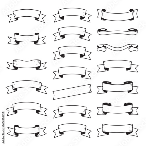 Collection of Vintage Ribbon Banners and Scrolls for Graphic Design Projects and Decorative Embellishments in Black and White