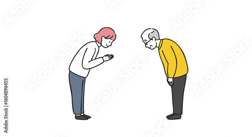 Respectful gestures between two individuals, depicting a cultural exchange.