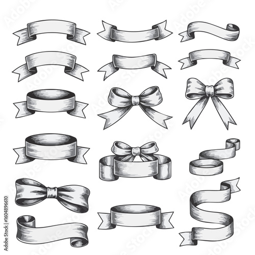 Elegant Collection of Vintage Style Ribbon Banners and Bows Grayscale Vector Designs for Graphic Design and Decoration