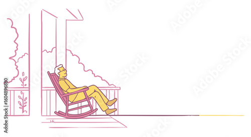 An elderly person is sitting relaxed on a rocking chair enjoying the sunshine.