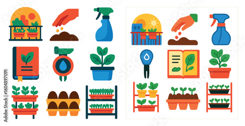 Variety of gardening tools and supplies, including a book, a watering can, a spray bottle, and several potted plants. Concept of nurturing and growth, as the tools