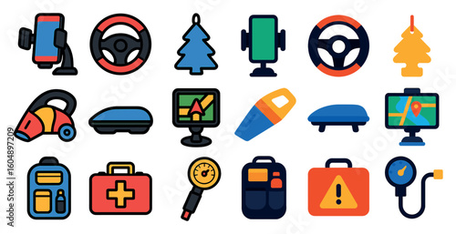 Collection of car-related icons, including a steering wheel, a car jack, and a car jack
