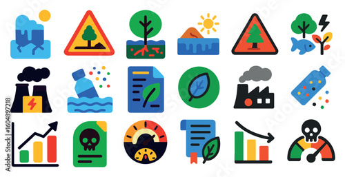 Collection of icons that represent various environmental issues. The icons include a tree, a fish, a factory, a sign, and a graph. The icons are arranged in a grid, with some overlapping