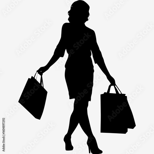 Stylish Woman Shopper Silhouette Vector – Full Body Shopping Bag Design