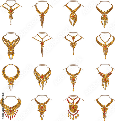 Exquisite collection of luxurious gold necklaces, showcasing elegant designs on sleek black mannequins, perfect for jewelry, fashion, and cultural design projects.