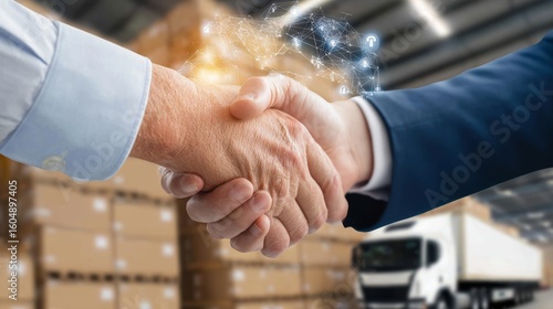 Business deal engagement warehouse setting corporate handshake professional environment close-up view trust building