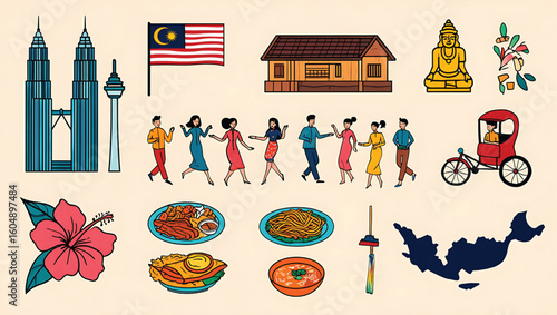 Malaysia travel icons Petronas towers flag food rickshaw people and map Kuala Lumpur Tower