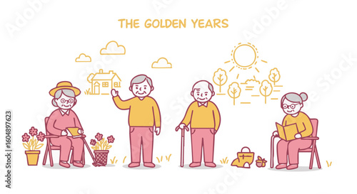 The Golden Years: A charming illustration of elderly people enjoying the simple pleasures of life.