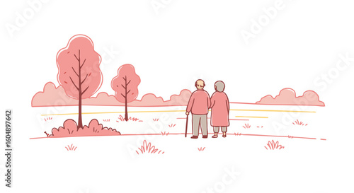 A serene scene of elderly couple enjoying a stroll together in a park.