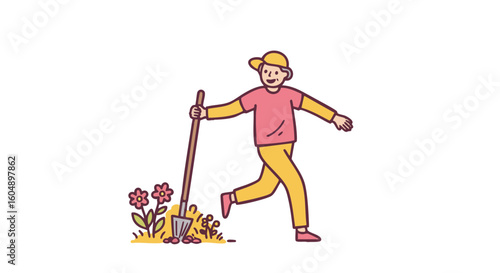 Gardener cheerfully working in a garden with a shovel near flowers.