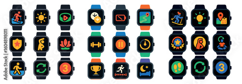 Collection of watches with various icons and symbols. The watches are in different colors and styles, and they all have different icons and symbols on them. The collection of watches is diverse