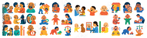 Collection of baby pictures and icons. The icons include a baby holding a toy, a baby in a crib, a baby in a stroller, a baby in a car seat, a baby in a high chair