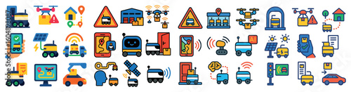 Row of icons for various types of vehicles and technology. The icons include a car, a truck, a robot, a drone, a cell phone, a computer, a train, a house, a building, a traffic light