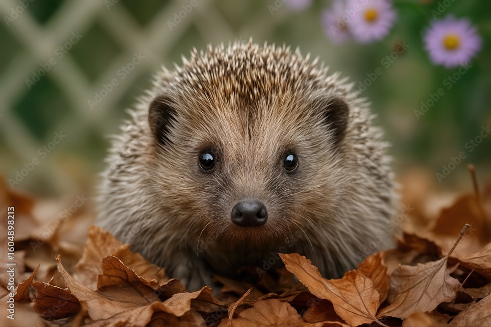 Fototapeta premium Adorable Hedgehog Amidst Autumn Foliage with Vibrant Flowers and Lattice in Background Captures Seasonal Charm